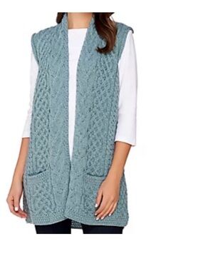 Aran Woolen Mills Open-Front Cable Knit Vest Cardigan in Dusty Teal